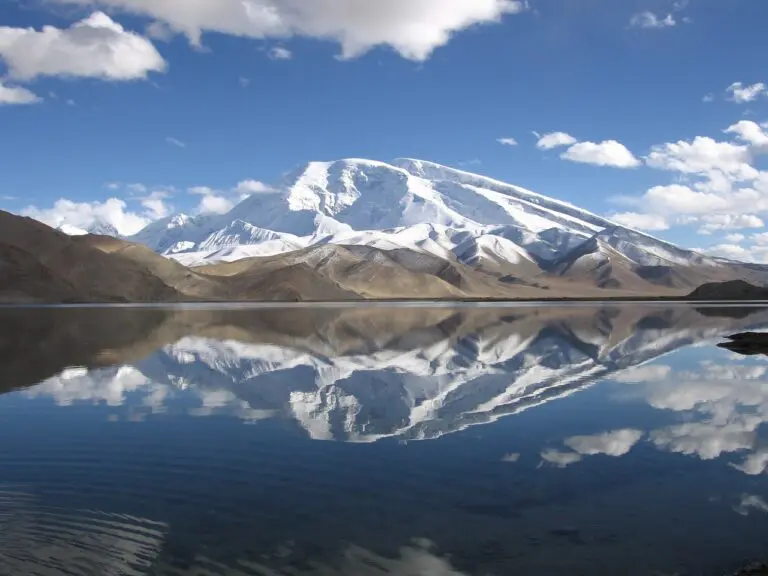 lake and white mountains in the background