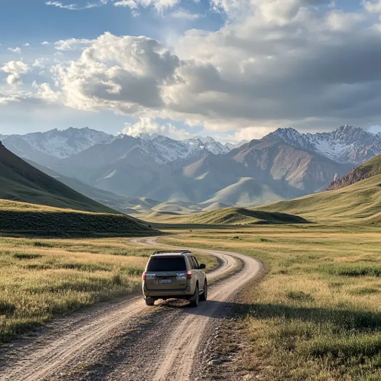 car on the road, roadtrip in kyrgyzstan, Toyota RAV4