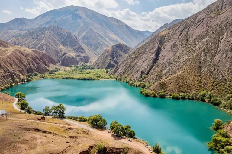 aerial view of turquoise lake in mountainous Kyrgyzstan landscape