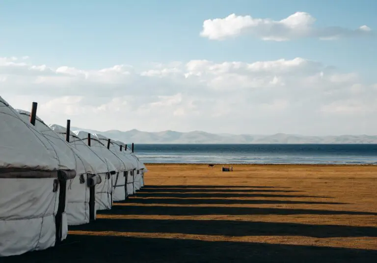 row of yurts by a lake in Kyrgyzstan