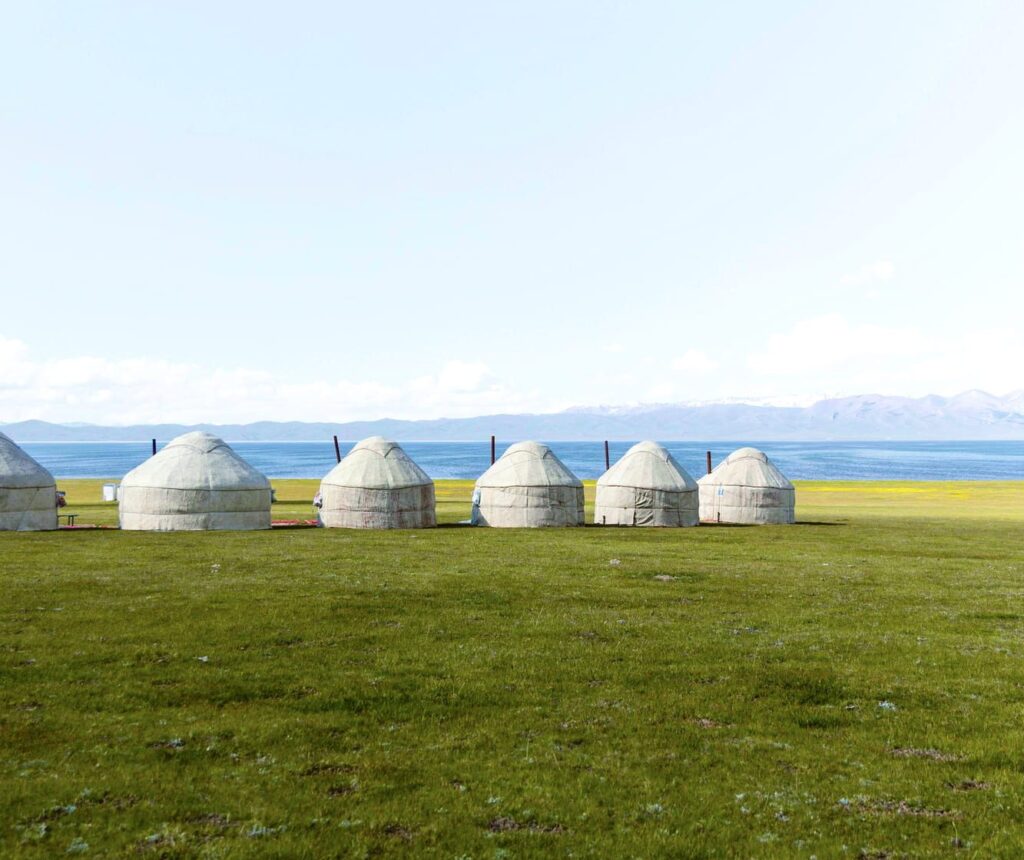 Yurt camp around a lake