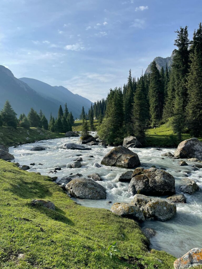 tumultueuze rivier in een dromerig landschap