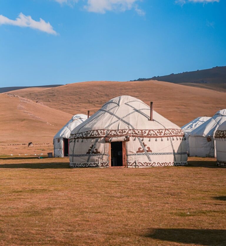 traditional yurts in a vast kyrgyzstan mountain landscape
